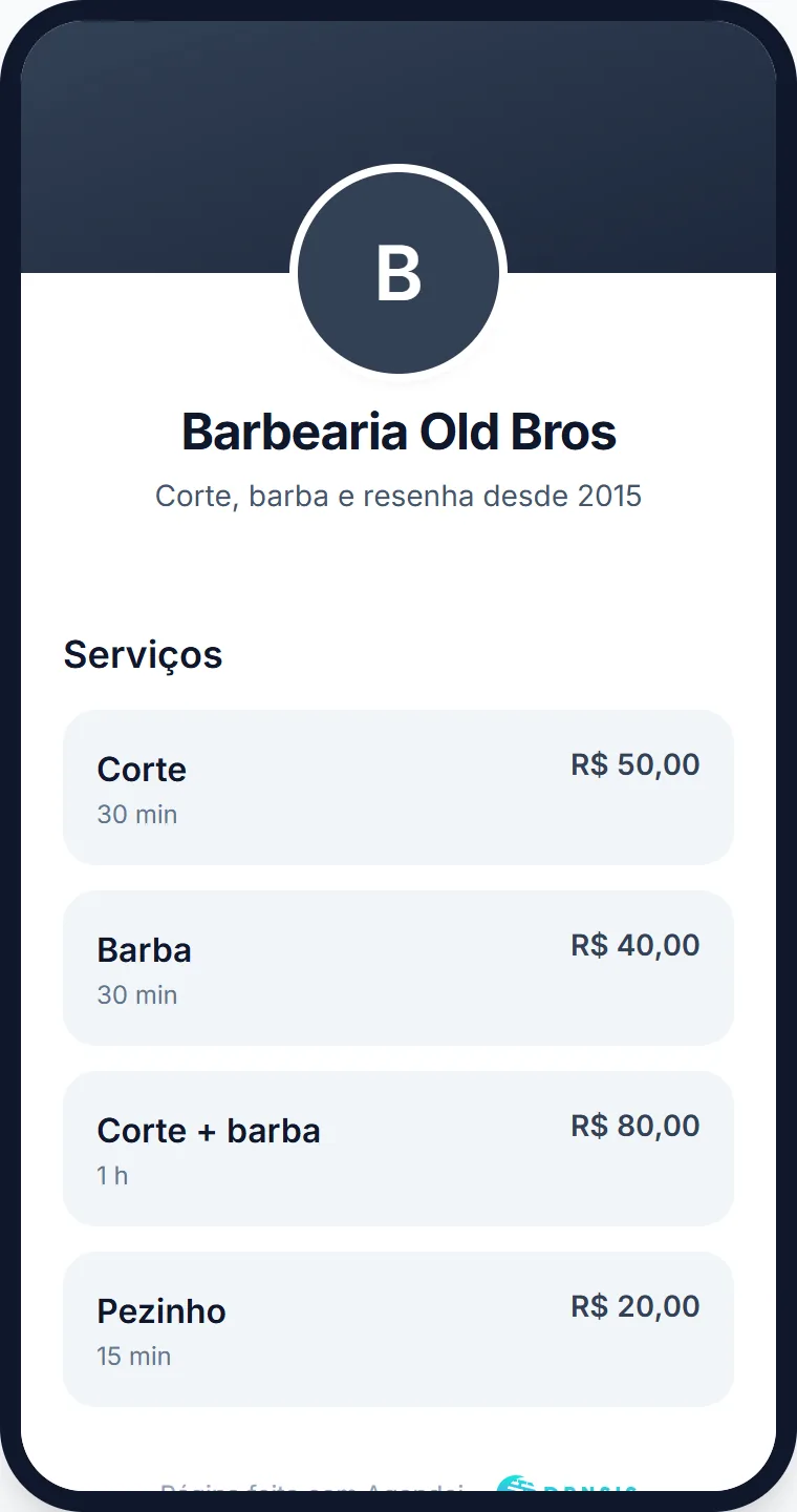 Página da Barbearia Old Bros no celular, com os serviços, preços e o botão de agendar.