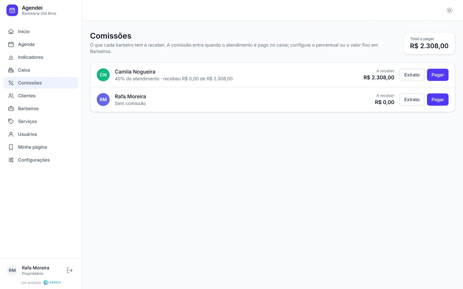 Tela de comissões com o valor a receber de cada barbeiro e os botões de extrato e pagamento.