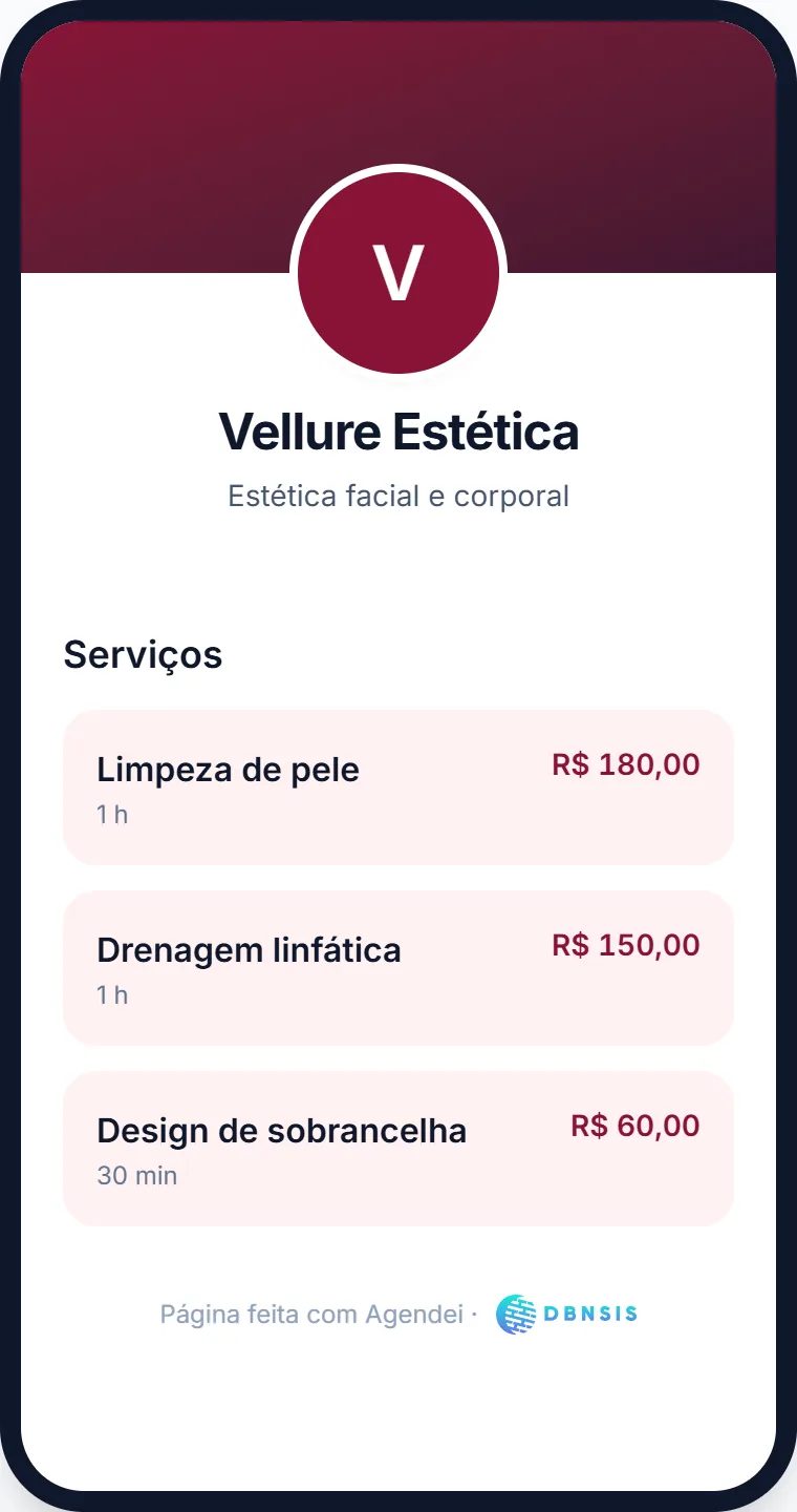 Página da Vellure Estética no celular, com o botão Agendar horário e os procedimentos com preço.