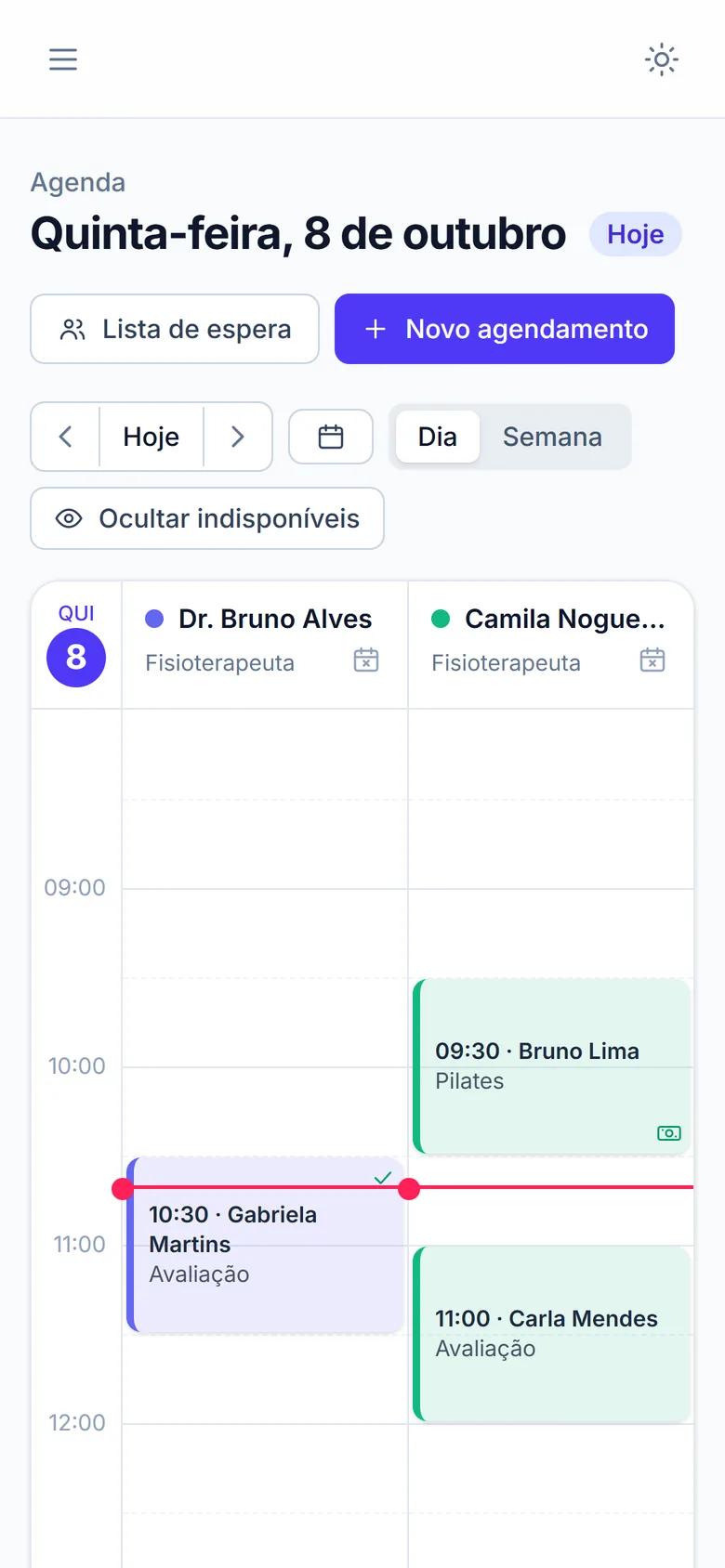 A mesma agenda no celular, com a data em destaque e os atendimentos do dia.