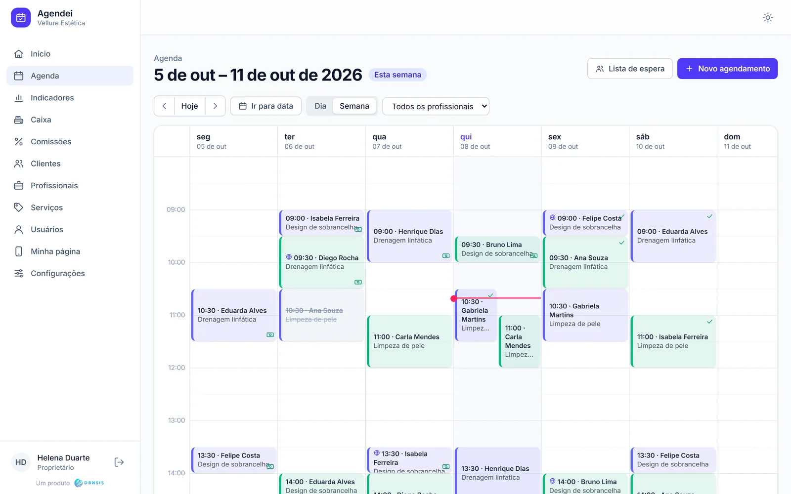 Agenda da semana com os atendimentos de segunda a sábado, cada um na cor da profissional.