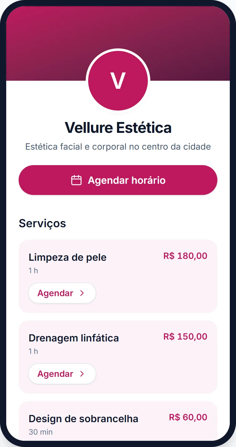 Página da Vellure Estética no celular, com o botão Agendar horário e a lista de serviços com preço.