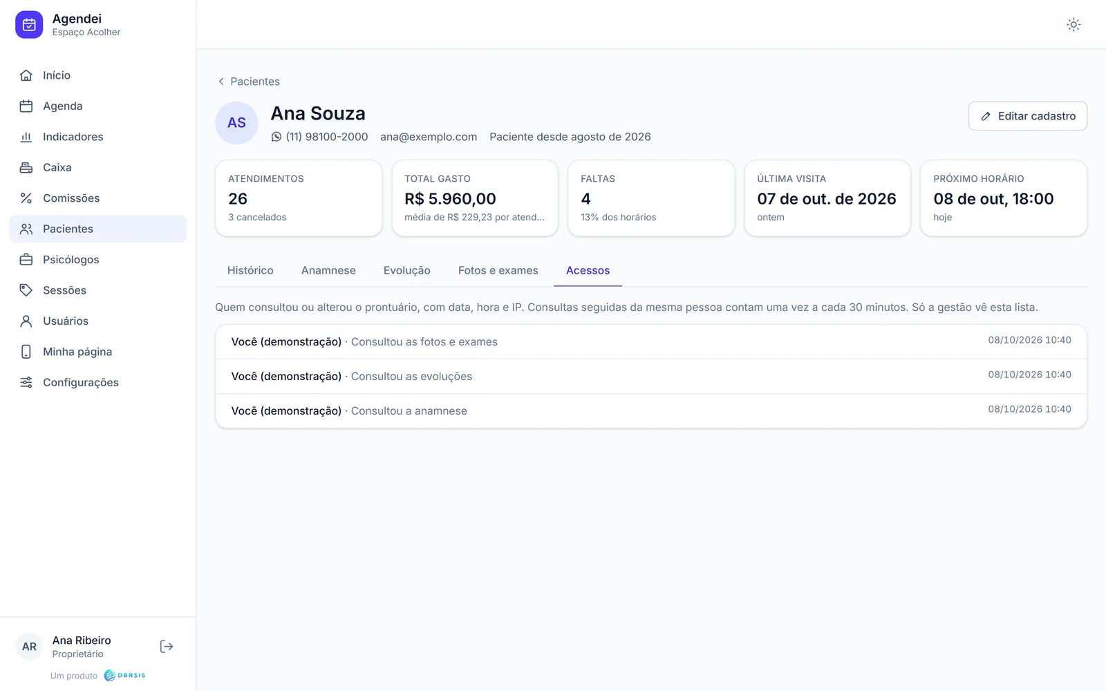 Aba de acessos do prontuário, com quem consultou ou alterou, data e hora.